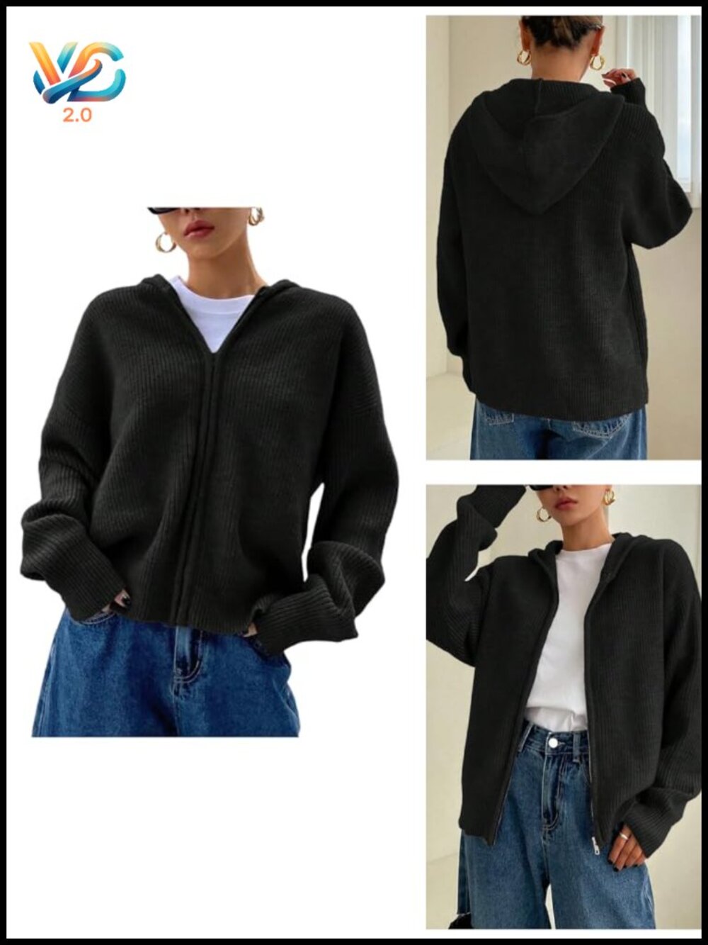 Zip Up Hooded Cardigan Sweater - Knitted Drop Shoulder Winter Outerwear